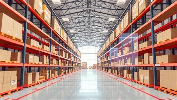 A futuristic digital rendering of a warehouse interior overlaid with AR elements showing optimized storage rack placements and inventory organization, illustrating the advanced capabilities and precision of the AR warehouse layout planning service.