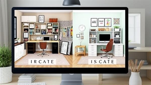 A virtual home office transformation displayed on a computer screen, featuring a cluttered workspace turning into a well-organized and inspiring environment with labeled storage solutions, ergonomic furniture, and motivational decor, illustrating the benefits of virtual home organization services.