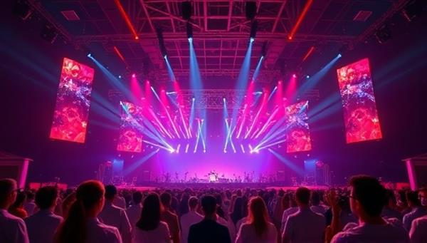 An immersive virtual reality concert setting with a digital stage, vibrant lighting effects, and avatars of attendees enjoying the music, capturing the essence of a futuristic concert experience.