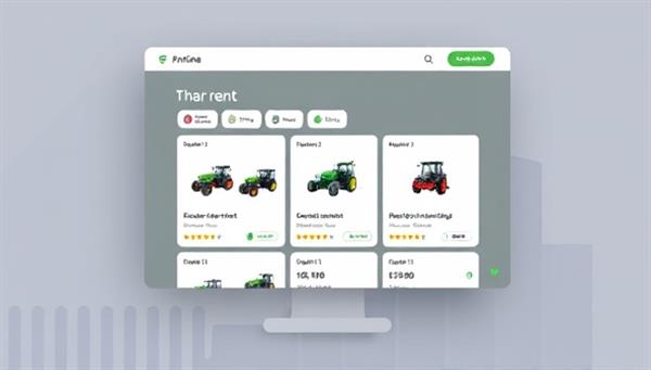 An online platform interface showcasing a variety of agricultural equipment available for rent, with detailed descriptions, rental rates, and user reviews, providing a seamless and efficient solution for farmers to access the tools they need for their operations.