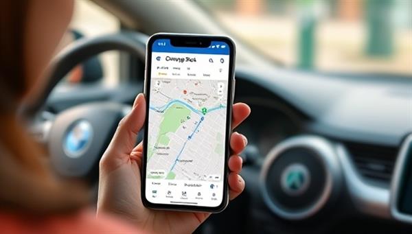 An image of an EV driver using the ChargeSpot Finder app on a smartphone to locate a nearby charging station, with a map displaying available spots and user ratings, showcasing the convenience and user-friendly interface of the platform.