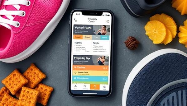A smartphone displaying the FitFusion Coach app interface with personalized workout plans, nutrition tips, and progress tracking features, surrounded by fitness gear and healthy snacks, showcasing a comprehensive and interactive fitness coaching experience.