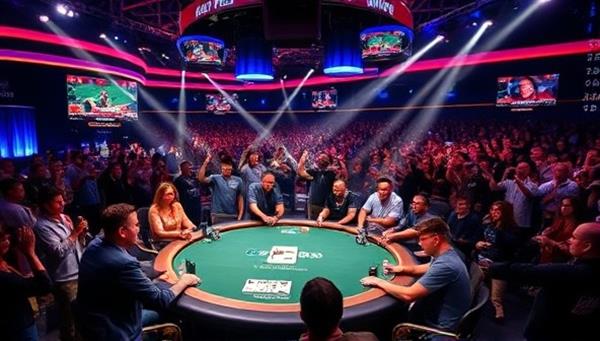 An electrifying visual of a live poker tournament broadcast, showcasing intense gameplay, cheering spectators, and digital overlays displaying player stats and audience interactions, capturing the excitement of the LivePoker Showdown experience.