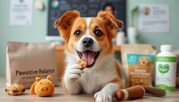 An adorable pet enjoying a natural treat from Pawsitive Balance, surrounded by eco-friendly toys and grooming products, with a virtual veterinary consultation in the background, showcasing the holistic pet wellness experience offered by the subscription service.