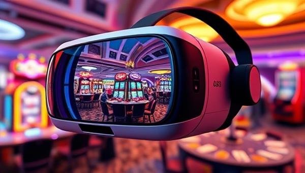 A visually stunning VR headset displaying vibrant casino scenes with virtual players interacting and playing games, highlighting the immersive and futuristic aspect of the VR Casino Quest experience.