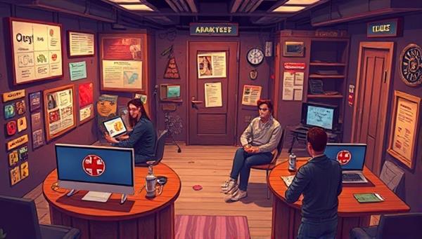 An intriguing digital illustration of a virtual escape room setting with interactive puzzles, hidden clues, and a diverse group of players collaborating to solve challenges, capturing the essence of teamwork and adventure.