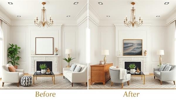An elegant virtual home staging setup showcasing before-and-after images of a living room transformation, with stylish furniture arrangements and decor accents, illustrating the impact of professional staging on a space.