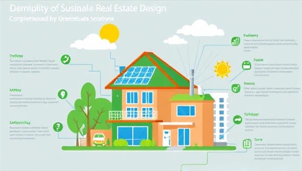 A visually appealing infographic highlighting the key elements of sustainable real estate design, including solar panels, green roofs, and energy-efficient systems, representing the comprehensive solutions and expertise offered by GreenEstate Solutions in promoting eco-friendly property development.