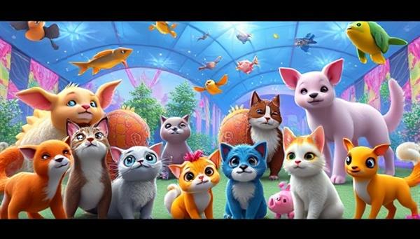 An engaging virtual world filled with colorful and adorable virtual pets of various species, showcasing their unique personalities and interactions with the users in a vibrant digital environment.