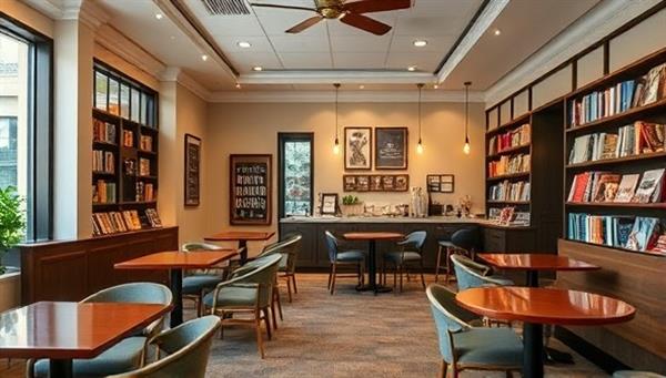 An inviting café interior with cozy seating areas, shelves of financial books, and a small stage set up for financial workshops or guest speaker events. The space exudes warmth, sophistication, and a welcoming atmosphere for customers to relax, socialize, and learn about personal finance.