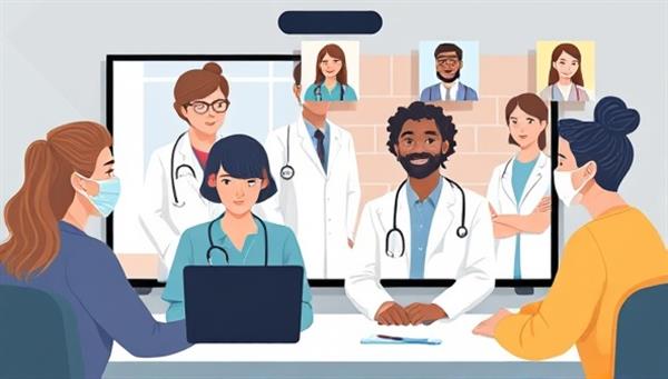 An illustration of a virtual medical consultation with a diverse group of healthcare professionals and patients, supported by MedLingo Connect interpreters facilitating seamless communication in different languages, showcasing inclusivity and accessibility in healthcare.
