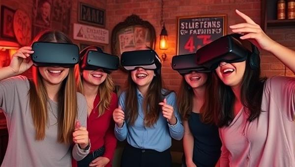 A group of friends wearing VR headsets, immersed in a virtual room filled with puzzles and clues, working together to solve a mystery, capturing the excitement and teamwork of the VR escape room experience.