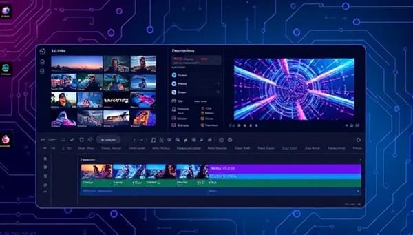 An illustration of a sleek and futuristic video editing interface with AI-assisted editing tools, real-time video previews, and creative elements, highlighting the cutting-edge technology and user-friendly features of CutMasterAI