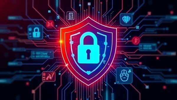 A dynamic visual representation showing a shield emblem with digital elements like lock symbols, data streams, and security alerts, symbolizing the comprehensive protection offered by the personal cybersecurity insurance plans, instilling a sense of safety and vigilance in the digital realm.