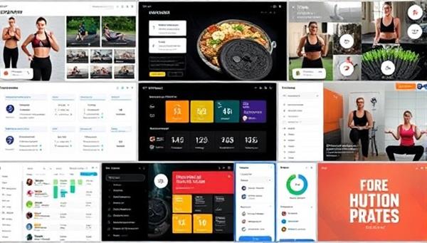 A dynamic collage of virtual workout screens, nutrition plans, fitness trackers, and motivational quotes, symbolizing a comprehensive and engaging remote fitness and nutrition coaching experience offered by Fit Fusion Club.