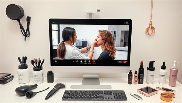 A modern virtual hair styling consultation setup with a professional hairstylist demonstrating a hair styling technique on a client via video call, surrounded by a variety of hair tools, products, and accessories, creating a virtual salon experience.