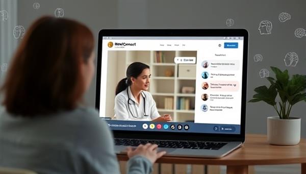 A poignant visual representation of MindConnect Online platform showcasing a therapist engaging in a virtual counseling session with a client, with soothing background elements and mental health symbols, conveying empathy, support, and the importance of accessible mental wellness resources.