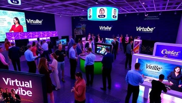 A vibrant virtual event space with digital avatars mingling at a networking event, interactive entertainment zones, and branded virtual booths, illustrating the dynamic and immersive experience offered by VirtualVibe Events.