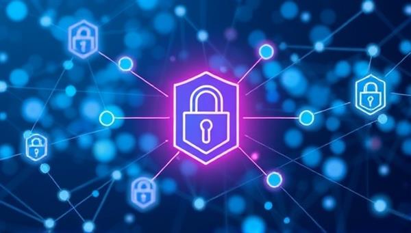 An innovative visualization of interconnected blockchain nodes representing secure drug transactions and verifications within the pharmaceutical supply chain, symbolizing the transparency and integrity ensured by PharmSecure Trace in drug traceability processes.