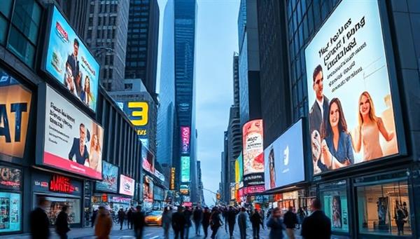 An urban cityscape with digital billboards displaying personalized ads based on the demographics and behaviors of passersby, illustrating the concept of data-driven outdoor advertising in a bustling environment.