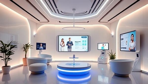 A futuristic health coaching center with sleek AI devices, interactive screens displaying personalized health plans, and a serene atmosphere promoting well-being and technology integration.