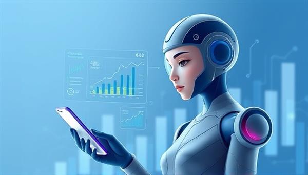 An illustration of a sleek and futuristic virtual assistant with a digital display showing financial charts and recommendations, interacting with a user on a smartphone, symbolizing the advanced AI technology and personalized financial guidance offered by the platform.