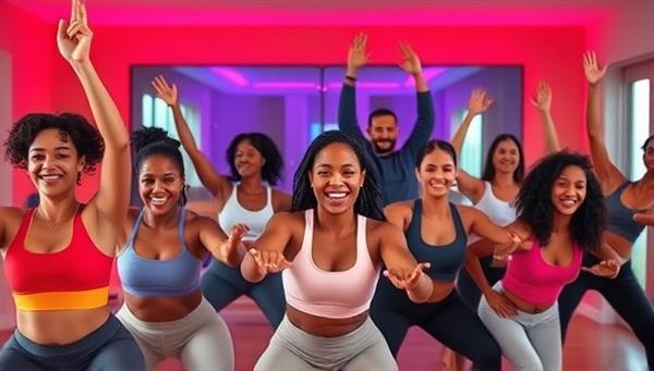 A dynamic and vibrant virtual fitness class scene with a diverse group of individuals exercising together via a video call, showcasing energy, motivation, and inclusivity.