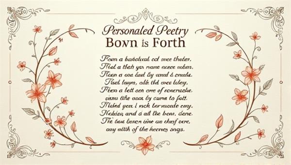 An elegant and artistic presentation of a handcrafted personalized poem, adorned with delicate calligraphy and floral motifs, symbolizing creativity, emotion, and the beauty of bespoke poetry.