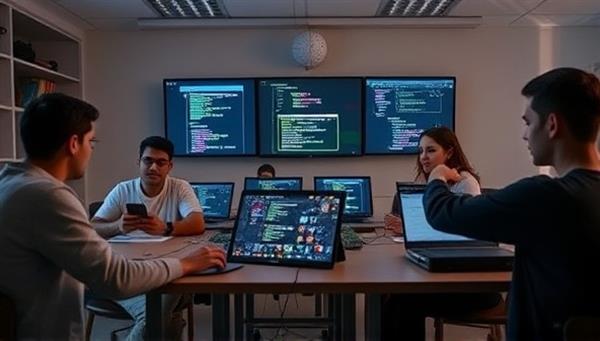 A virtual coding bootcamp classroom environment with students collaborating on coding projects, receiving feedback from mentors, and showcasing their programming skills through live coding sessions, fostering a supportive and interactive community for aspiring coders.