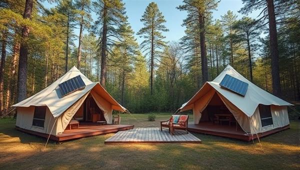 An idyllic glamping site nestled in a lush forest, showcasing luxurious tents with solar panels, wooden decks, and cozy outdoor seating areas surrounded by tall trees and a clear sky, evoking a sense of eco-luxury and tranquility.