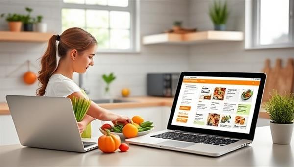 A vibrant digital kitchen scene with a nutritionist virtually guiding a client through a cooking session, showcasing fresh ingredients, a laptop displaying a custom meal plan, and a positive coaching interaction, illustrating personalized nutrition support and a healthy lifestyle approach.