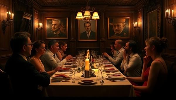 A dining room set in a vintage style with guests dressed in elegant attire, engrossed in a mystery theater performance unfolding around them, with dramatic lighting and suspenseful moments creating an immersive and captivating dining experience.
