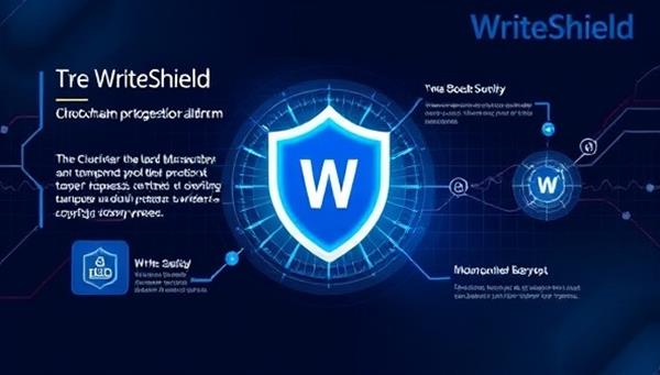 An innovative visual representation of the WriteShield platform, showcasing a blockchain-powered security system protecting digital manuscripts and creative works with a transparent and tamper-proof copyright verification process, ensuring writers