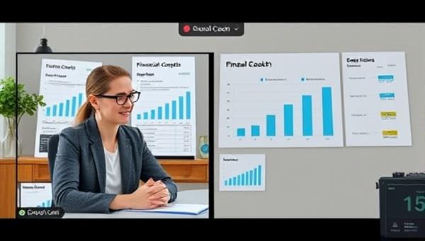 A virtual meeting scene with a financial coach and a client discussing financial goals and strategies via a video call, with financial charts and goal trackers visible in the background, conveying professionalism and personalized service.