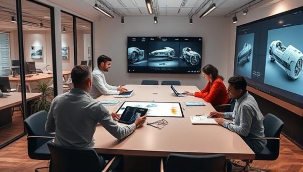 A sleek design studio setting with industrial designers brainstorming around a conference table, sketching concepts on digital tablets, and discussing product prototypes on large screens, reflecting a synergy of creativity and functionality in bespoke industrial design consultancy.
