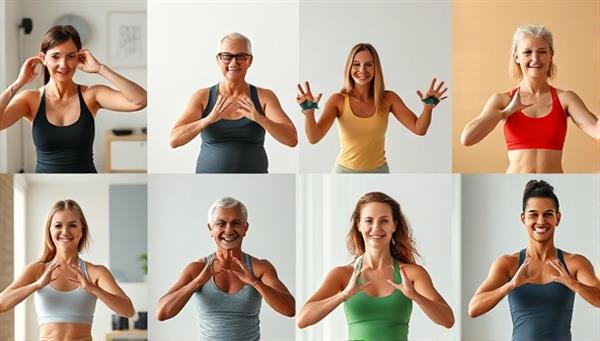 A diverse group of individuals of different ages and backgrounds engaging in virtual workout sessions together, showcasing inclusivity and accessibility in fitness training.