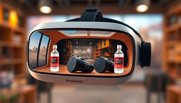 An image featuring a virtual reality headset displaying a lifelike VR environment with seamlessly integrated branded products, showcasing the immersive and impactful nature of product placements in VR experiences, capturing the essence of innovative brand engagement in the virtual realm on the VR BrandScape platform.