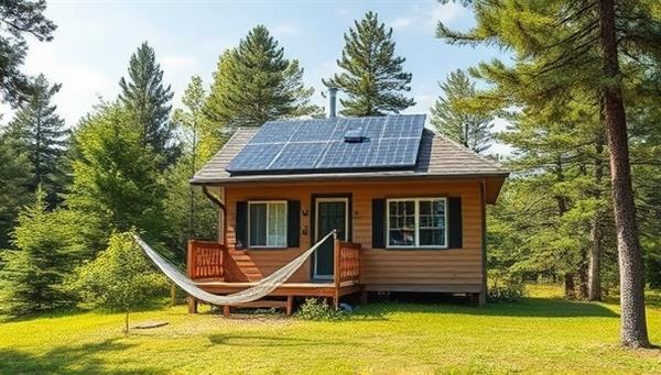 A serene landscape with a tiny eco-friendly home nestled among trees, solar panels on the roof, and a hammock outside, inviting viewers to experience sustainable living in harmony with nature.