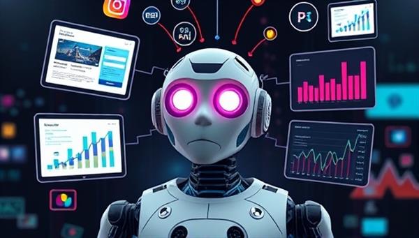 An AI-powered robot brainstorming with multiple screens displaying social media ads, graphs, and engagement metrics, illustrating innovative technology and data-driven creativity.
