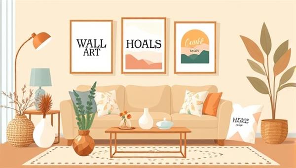 A cozy digital illustration showcasing a variety of customized home decor items, including personalized wall art, handcrafted vases, and bespoke throw pillows, arranged in a modern living room setting, emanating warmth and style in personalized home decor.