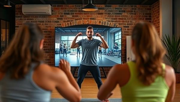 A dynamic image of a virtual fitness coach leading an energetic workout session via a live video stream, with participants following along from various locations, showcasing convenience and engagement.