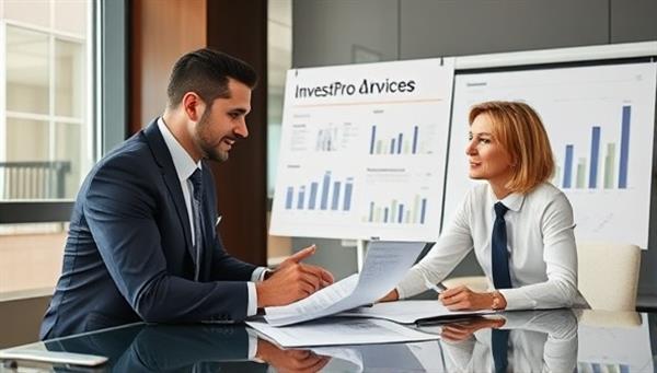 A professional advisor discussing real estate investment opportunities with a client in a sophisticated office setting, surrounded by financial reports and property market data, symbolizing the trusted expertise and personalized service offered by InvestPro Advisors in guiding clients towards successful property investments.