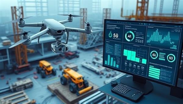A futuristic construction site with drones flying overhead, sensors monitoring equipment usage, and a central command center displaying real-time data on safety alerts and project progress, illustrating the efficiency and high-tech nature of SmartSite Sentinel.