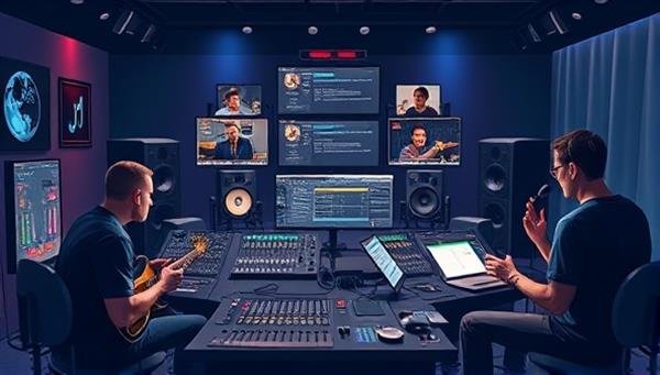 An artistic representation of a virtual music studio with musicians from different locations collaborating on a music project, featuring digital instruments, audio mixing tools, and a real-time chat interface for communication and feedback, capturing the essence of creative collaboration in an online music community.