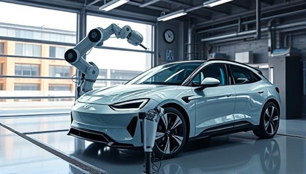An AI-powered robot arm performing maintenance on a futuristic self-driving car in a sleek, high-tech garage setting, showcasing advanced technology and precision care.