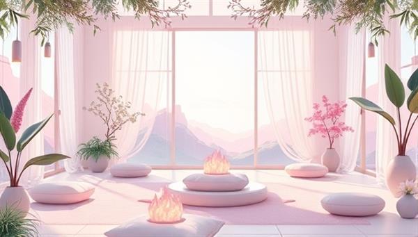 An enchanting digital illustration of a serene virtual retreat space with elements of nature, relaxation, and self-care, featuring calming colors, meditation cushions, and virtual workshop setups that evoke a sense of tranquility and rejuvenation.