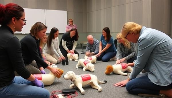 A dynamic workshop setting with participants practicing pet CPR techniques on mannequin pets, guided by a knowledgeable instructor demonstrating life-saving skills, creating an engaging and educational environment for pet safety training.