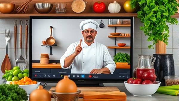 A chef demonstrating a cooking technique over a live online stream, surrounded by fresh ingredients and kitchen tools, creating an interactive and educational culinary setting for virtual participants.