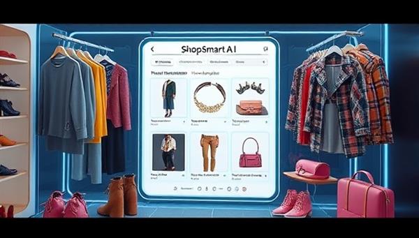 An artistic digital rendering of the ShopSmart AI virtual assistant interface, displaying fashion recommendations, style inspirations, and interactive shopping options, surrounded by virtual wardrobe elements and trendy fashion accessories, creating a futuristic and personalized shopping experience.