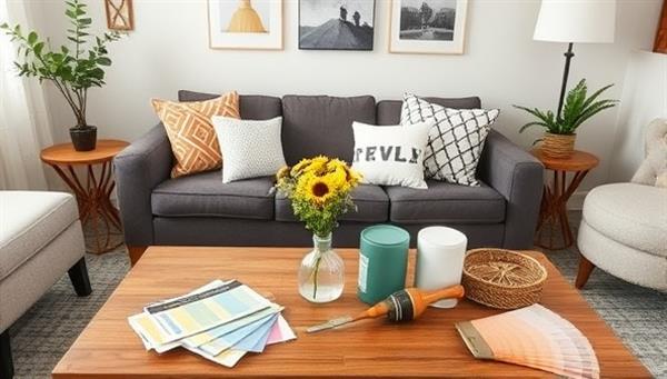 A cozy living room setting with DIY home decor projects, paint swatches, and renovation tools displayed on a table, showcasing the creative and hands-on approach to home improvement courses at Crafty Home Renovations.